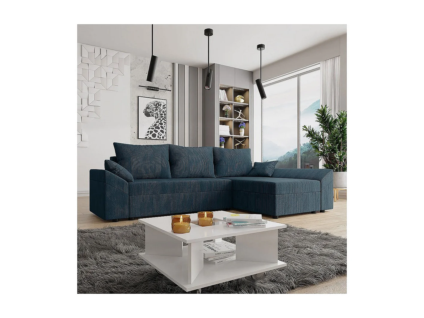 Narożnik sztruksowy "Vaugirard" z siedziskiem skrzyniowym - 3-osobowy - Niebieski