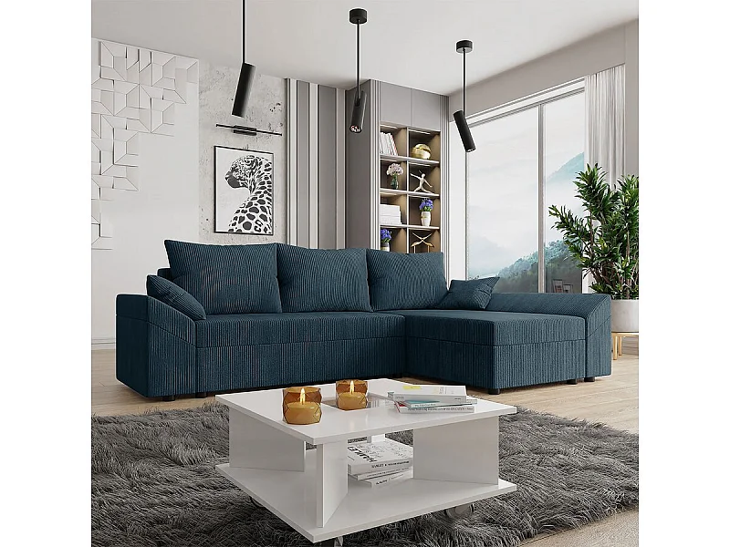 Sofá-cama de canto com armazenamento em veludo cotelê azul - 3 lugares