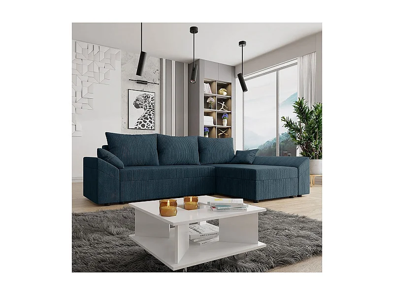 Canapé d'angle convertible avec coffre "Vaugirard" en velours côtelé - 3 places - Bleu