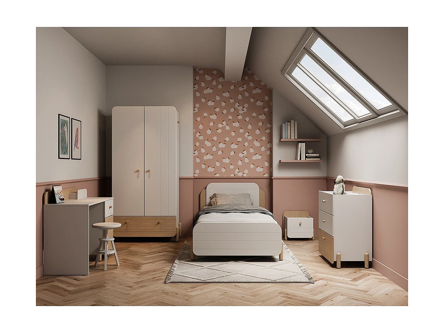 Bureau 1 tiroir et 1 porte ouvrante blanc et décor chêne L103,4 cm - EDAJ