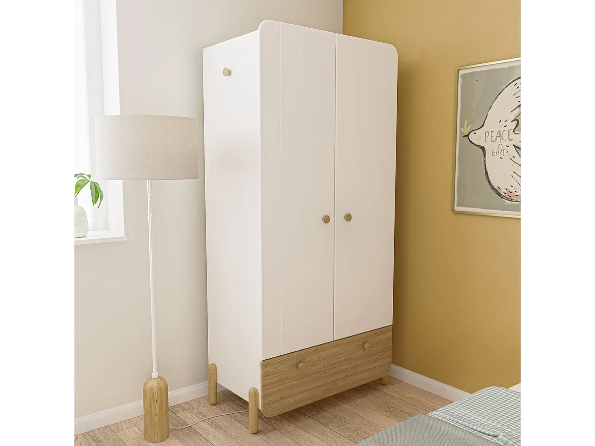 Armoire 2 portes ouvrantes et 1 tiroir blanc et décor chêne H187,6 cm - EDAJ