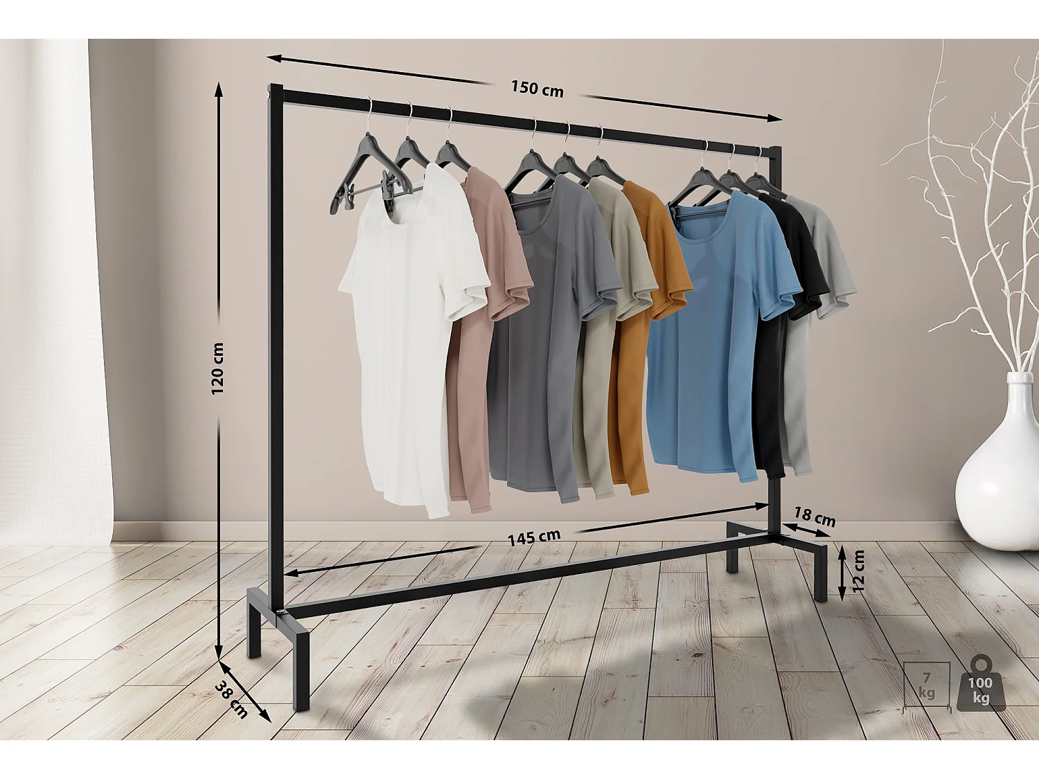 Kledingrek - Metaal - 150x38x120 - zwart - Melva