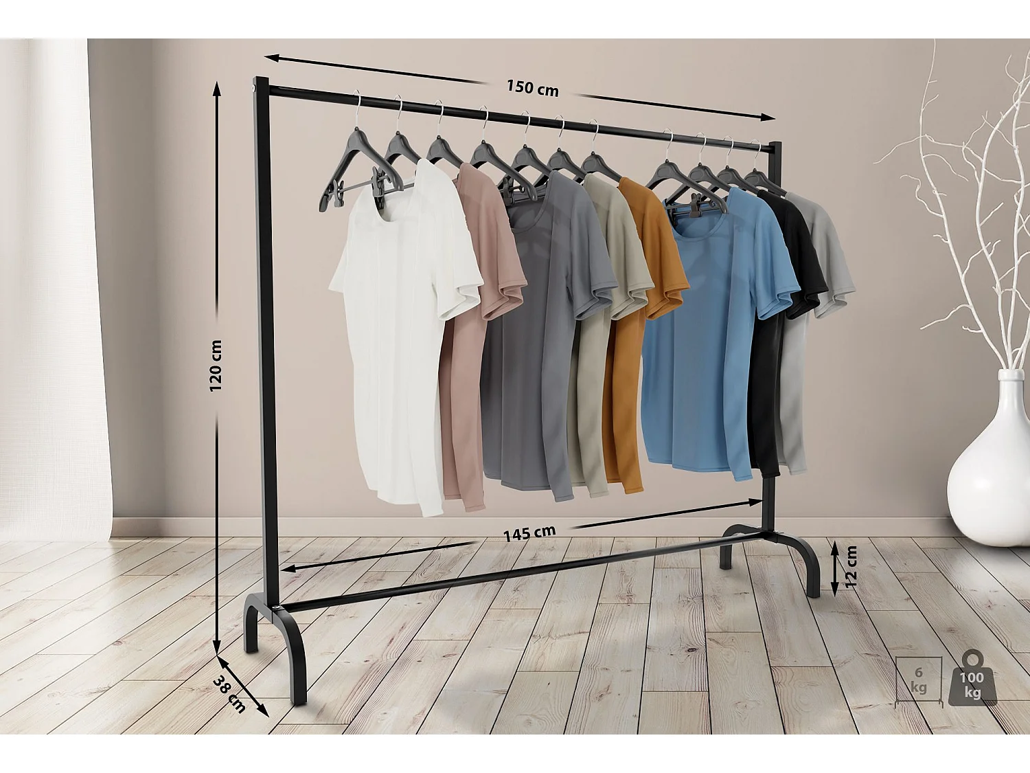 Kledingrek - Metaal - 150x38x120 cm - zwart - Lara