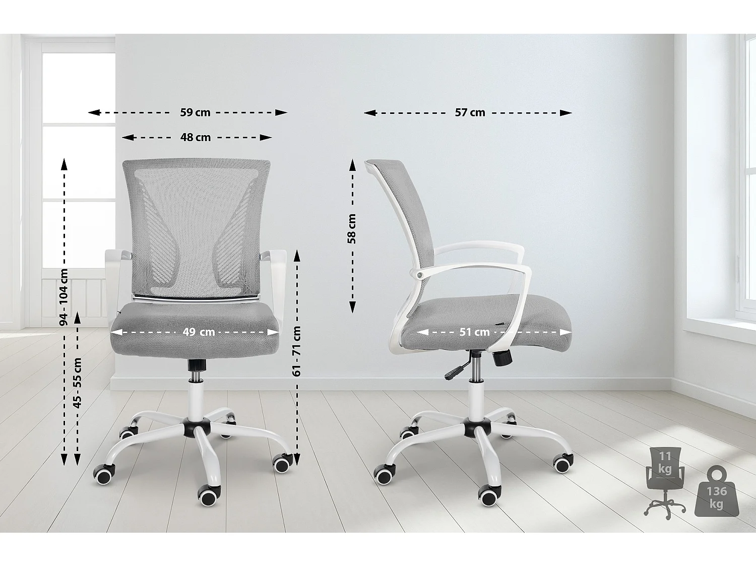 Chaise de bureau - Microfibre & Blanc - Gris clair - Tracy