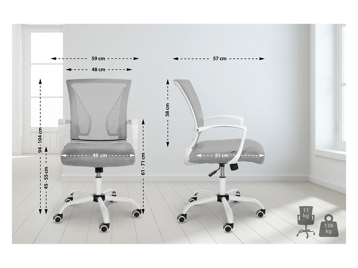 Chaise de bureau - Microfibre & Blanc - Gris clair - Tracy