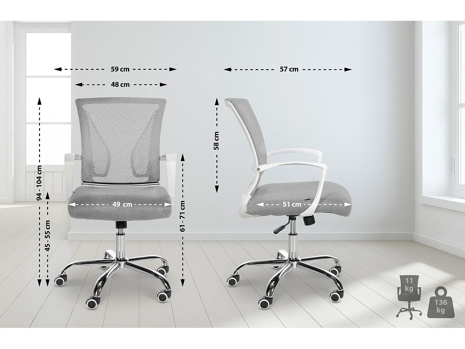 Chaise de bureau - Microfibre & Chrome - Gris clair - Tracy
