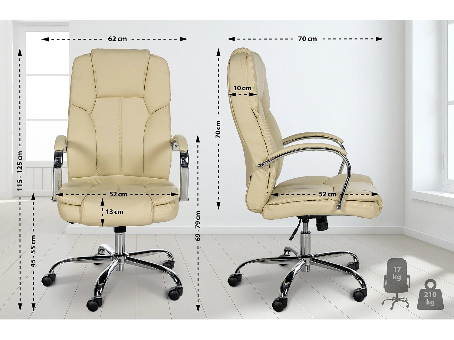 Chaise de bureau - Similicuir & Acier inoxydable - Crème - XXL Xanthos