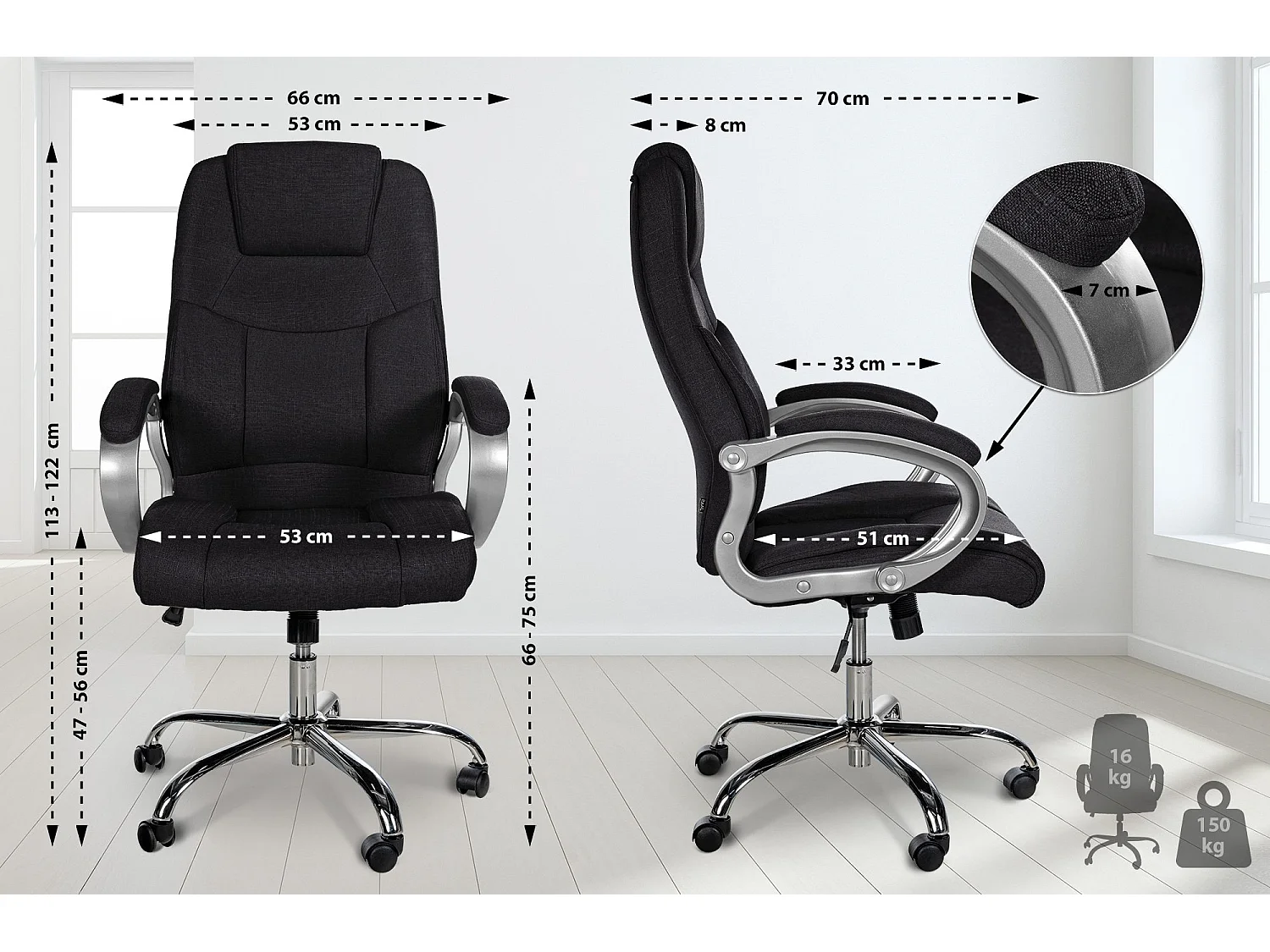 Chaise de bureau - Tissu - Noir - XL Apoll