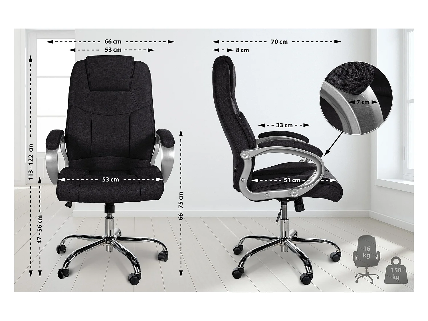 Chaise de bureau - Tissu - Noir - XL Apoll