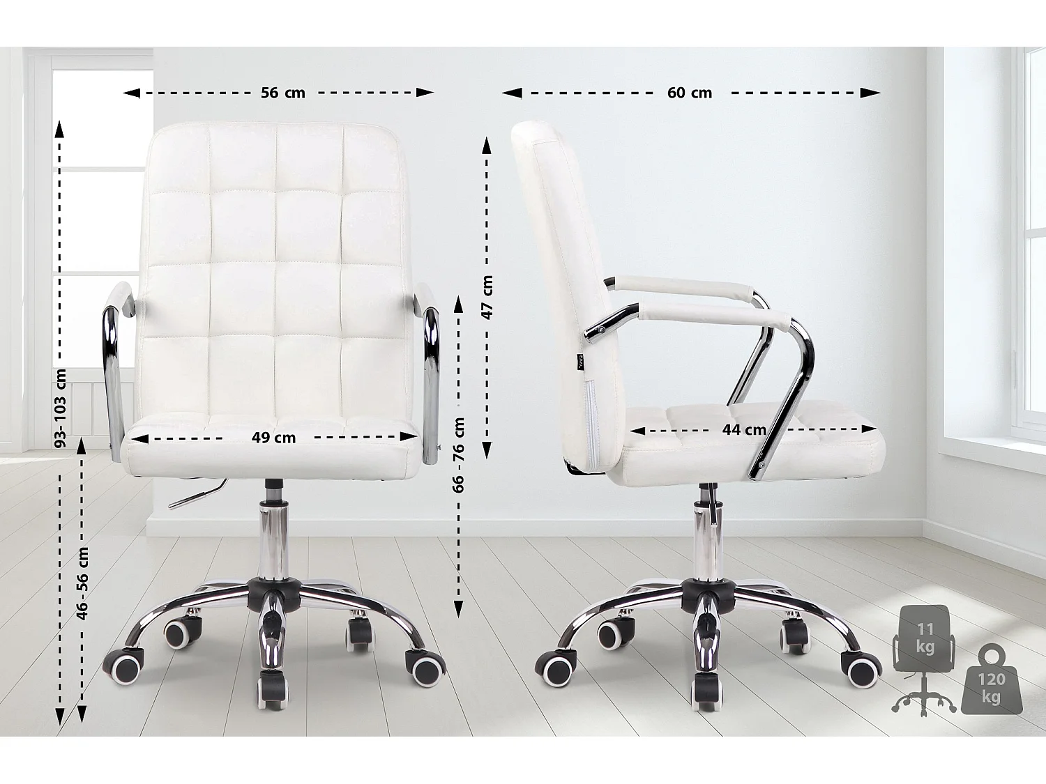 Chaise de bureau - Similicuir & Métal chromé - Blanc - Terni