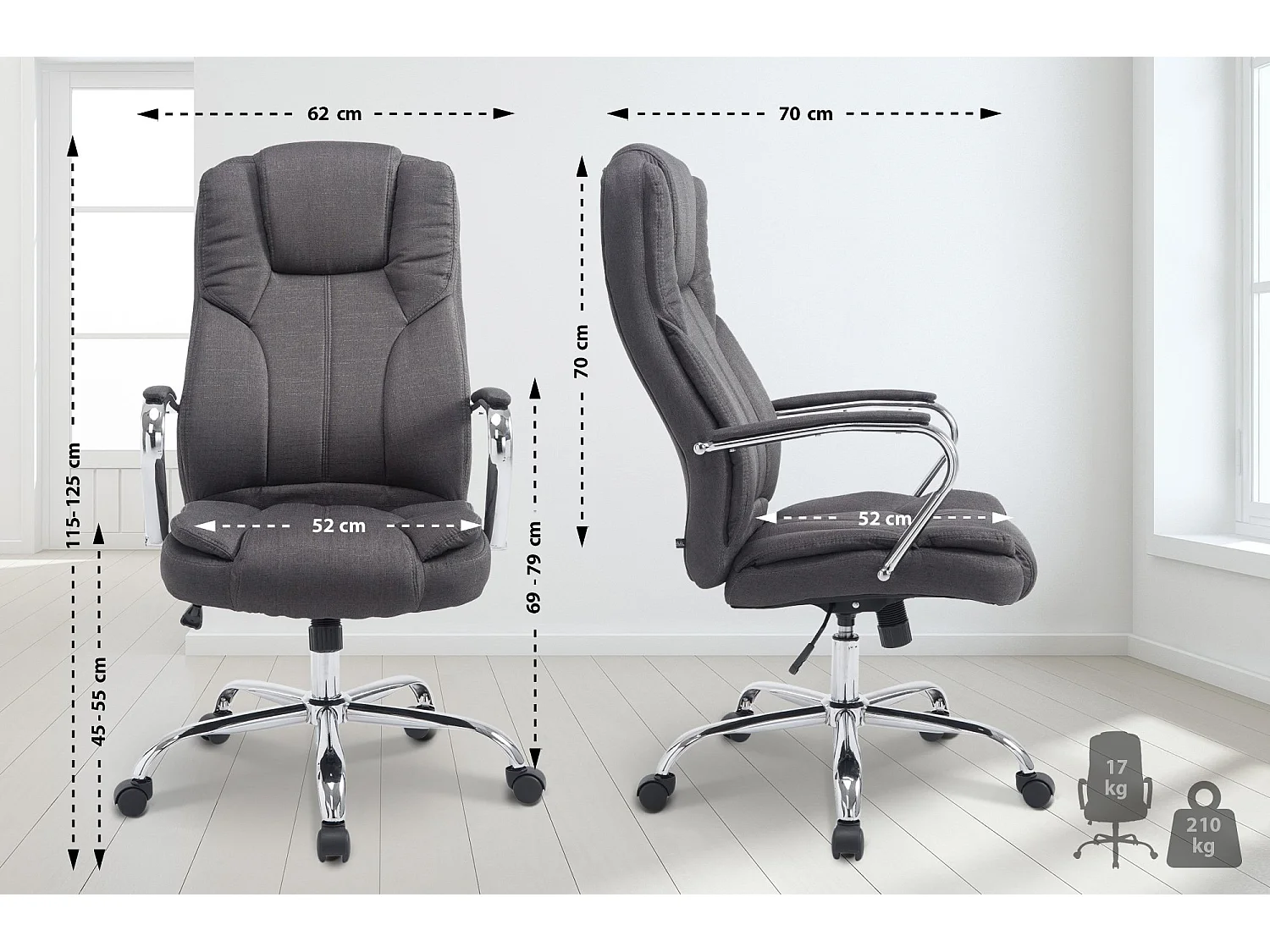 Bureaustoel - Stof & wit - donkergrijs - XXL Xanthos