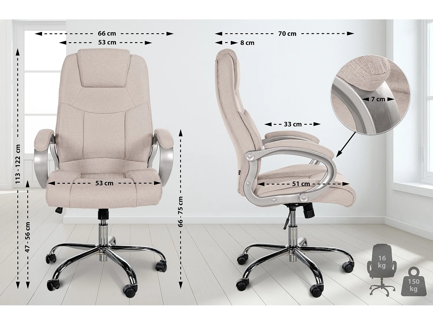 Bureaustoel - Stof - creme - XL Apoll