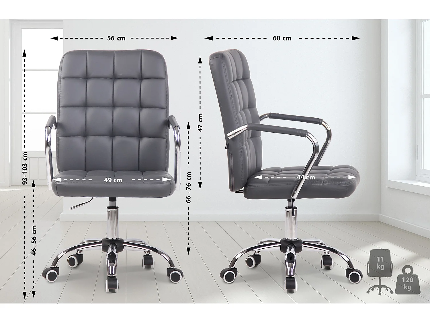 Chaise de bureau - Similicuir & Métal chromé - Gris - Terni