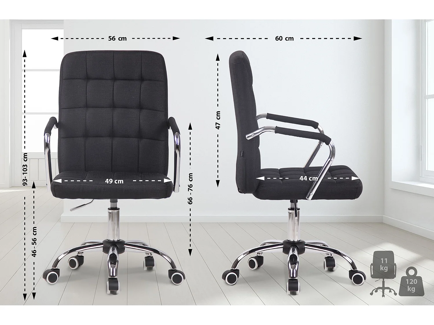 Chaise de bureau - Tissu & Métal chromé - Noir - Terni