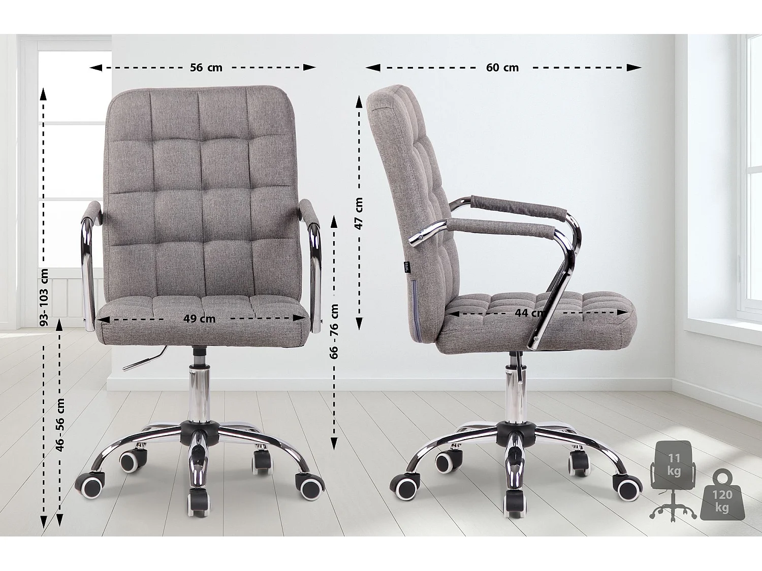 Chaise de bureau - Tissu & Métal chromé - Gris - Terni