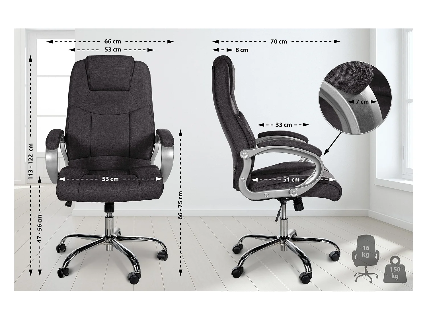 Chaise de bureau - Tissu - Gris foncé - XL Apoll