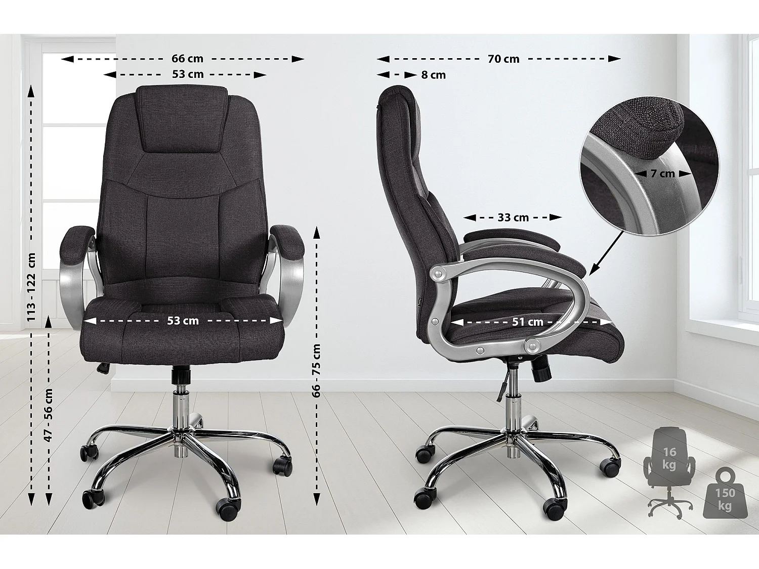 Chaise de bureau - Tissu - Gris foncé - XL Apoll