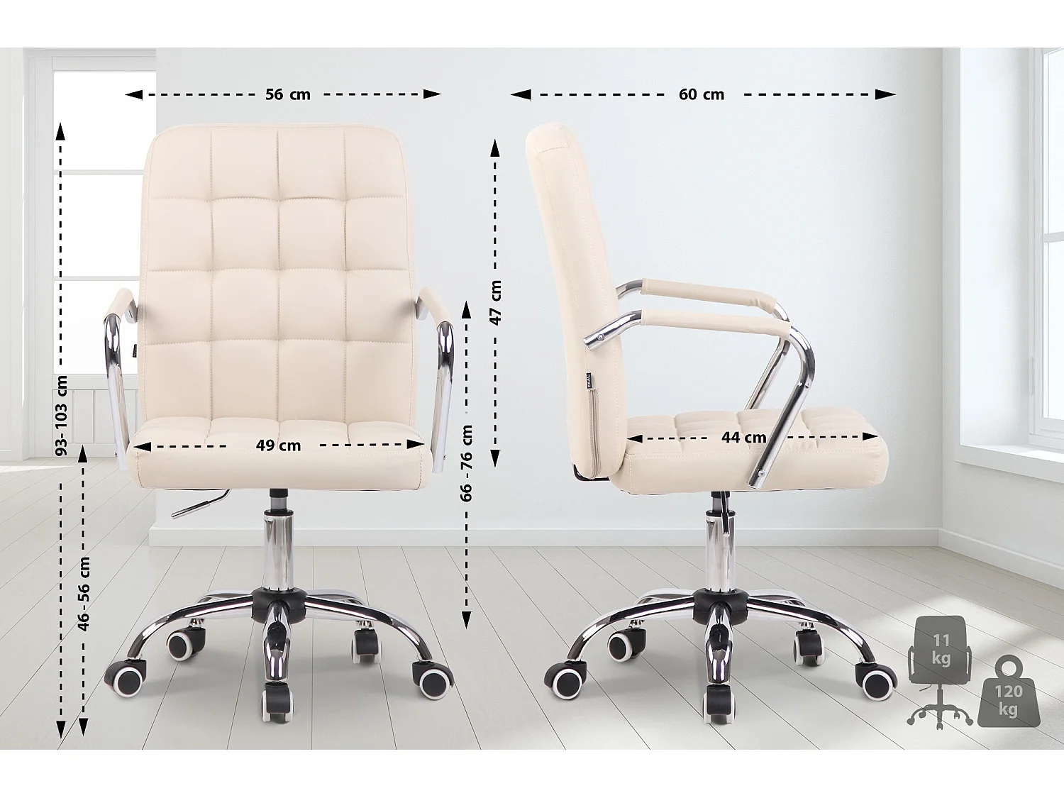 Chaise de bureau - Similicuir & Métal chromé - Crème - Terni