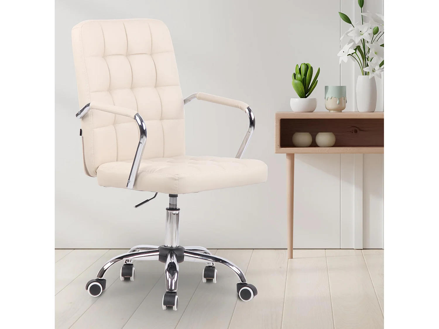 Chaise de bureau - Similicuir & Métal chromé - Crème - Terni