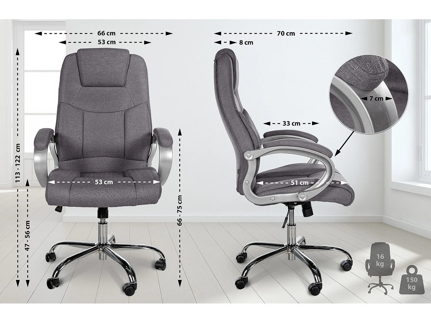 Chaise de bureau - Tissu - Gris - XL Apoll