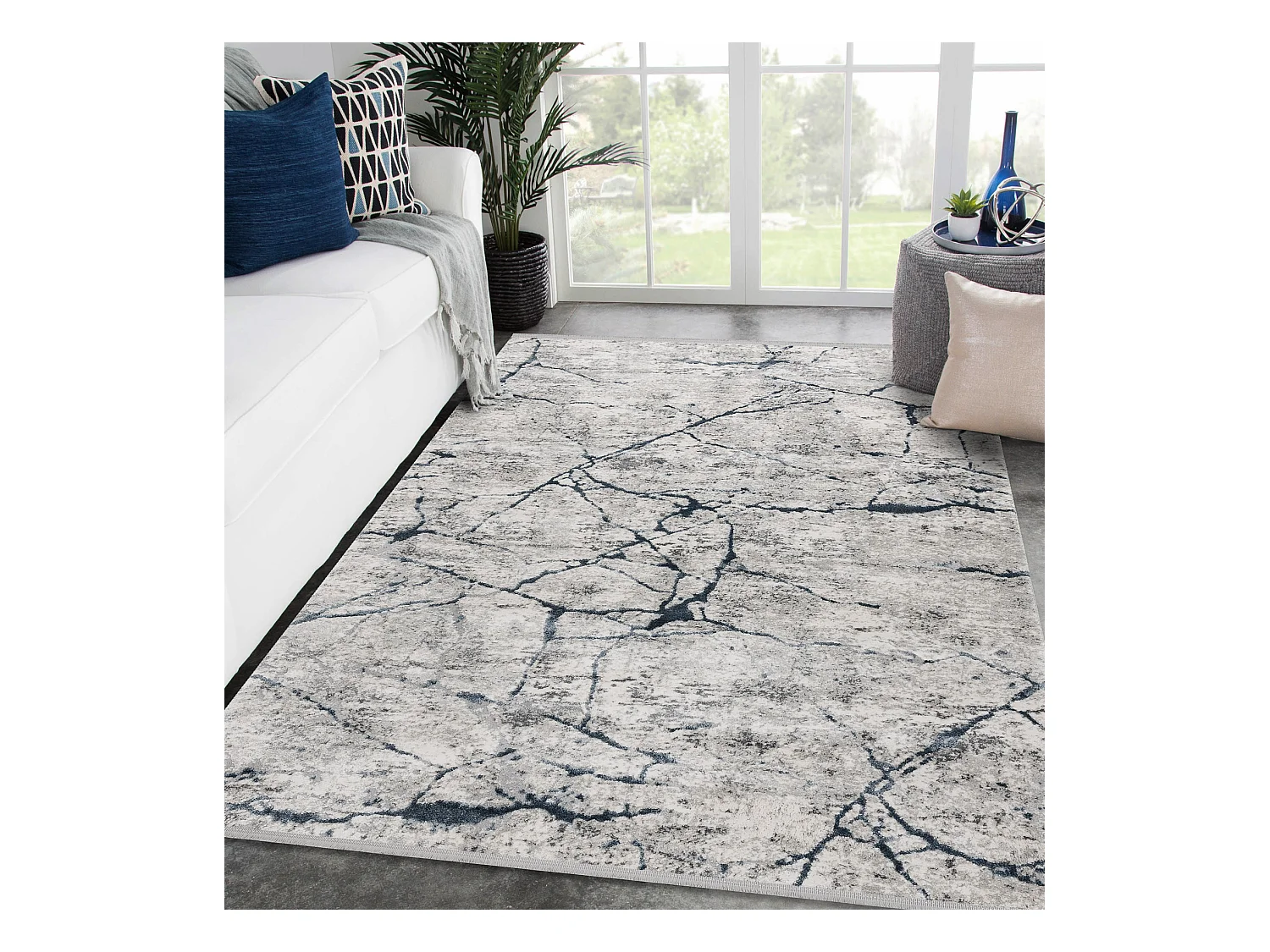 Modern Teppich TULS strukturell, Franse 51320 Marmor elfenbein / blau 160x220 cm