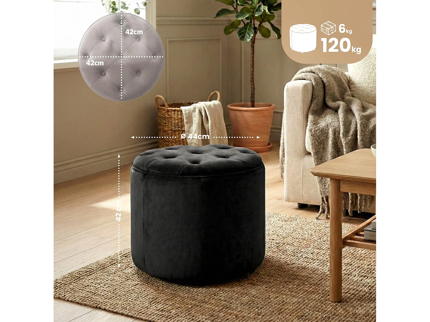 Tabouret - Velours & Nature - Noir - Pantin