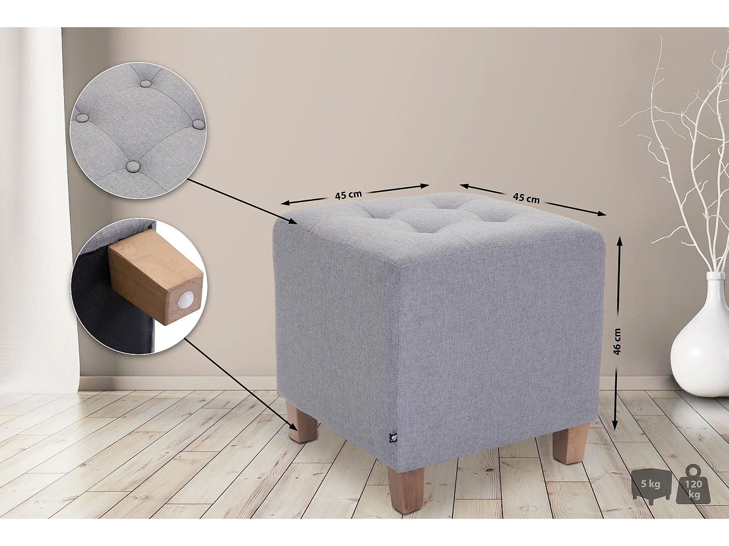 Tabouret - Tissu & Bois - Gris clair - Pharao