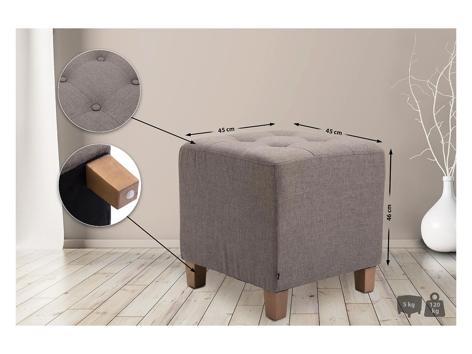 Sgabello - Tessuto & Legno - Tortora - Pharao