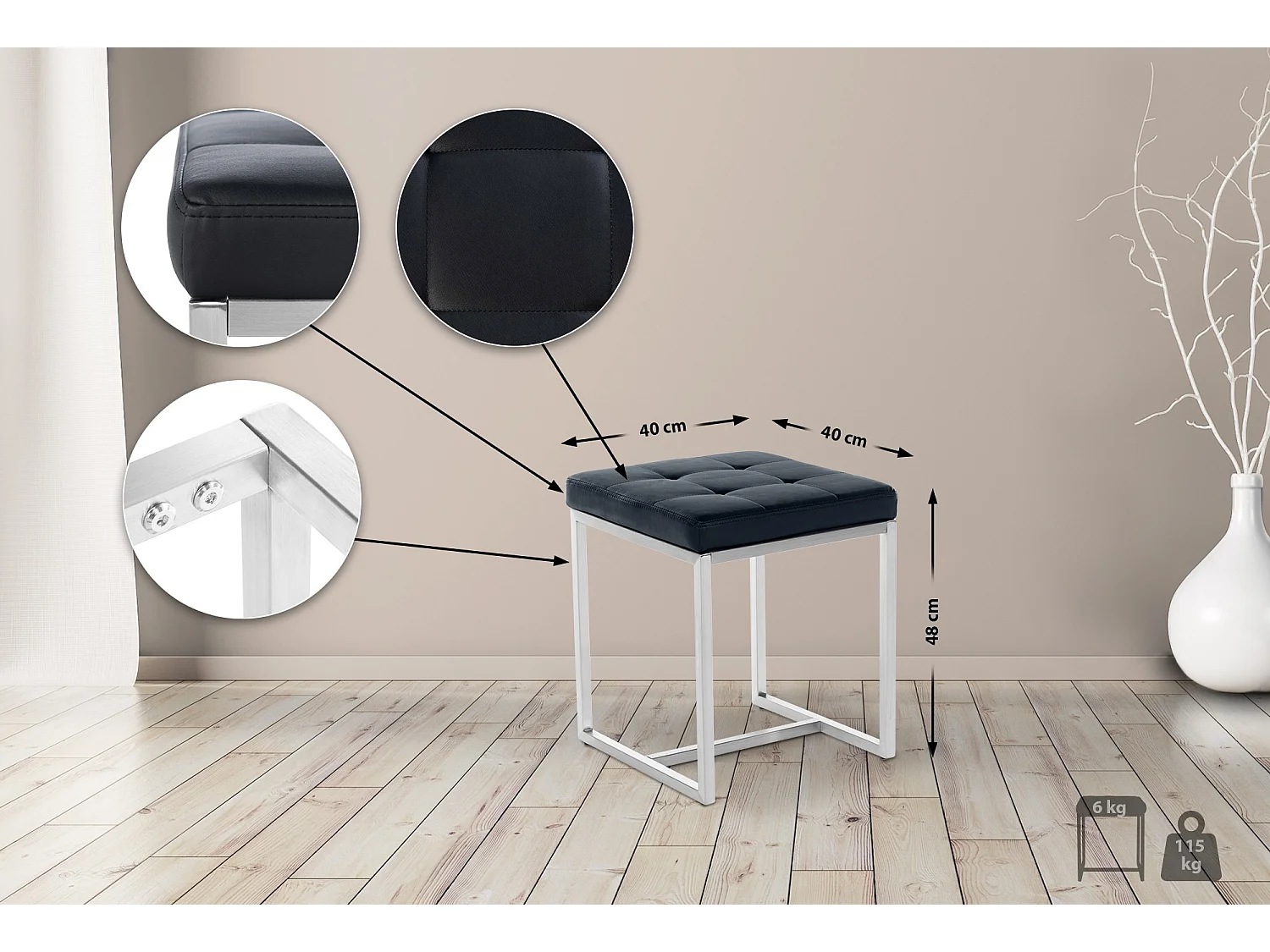 Tabouret - Similicuir & Acier inoxydable - Noir - Barci