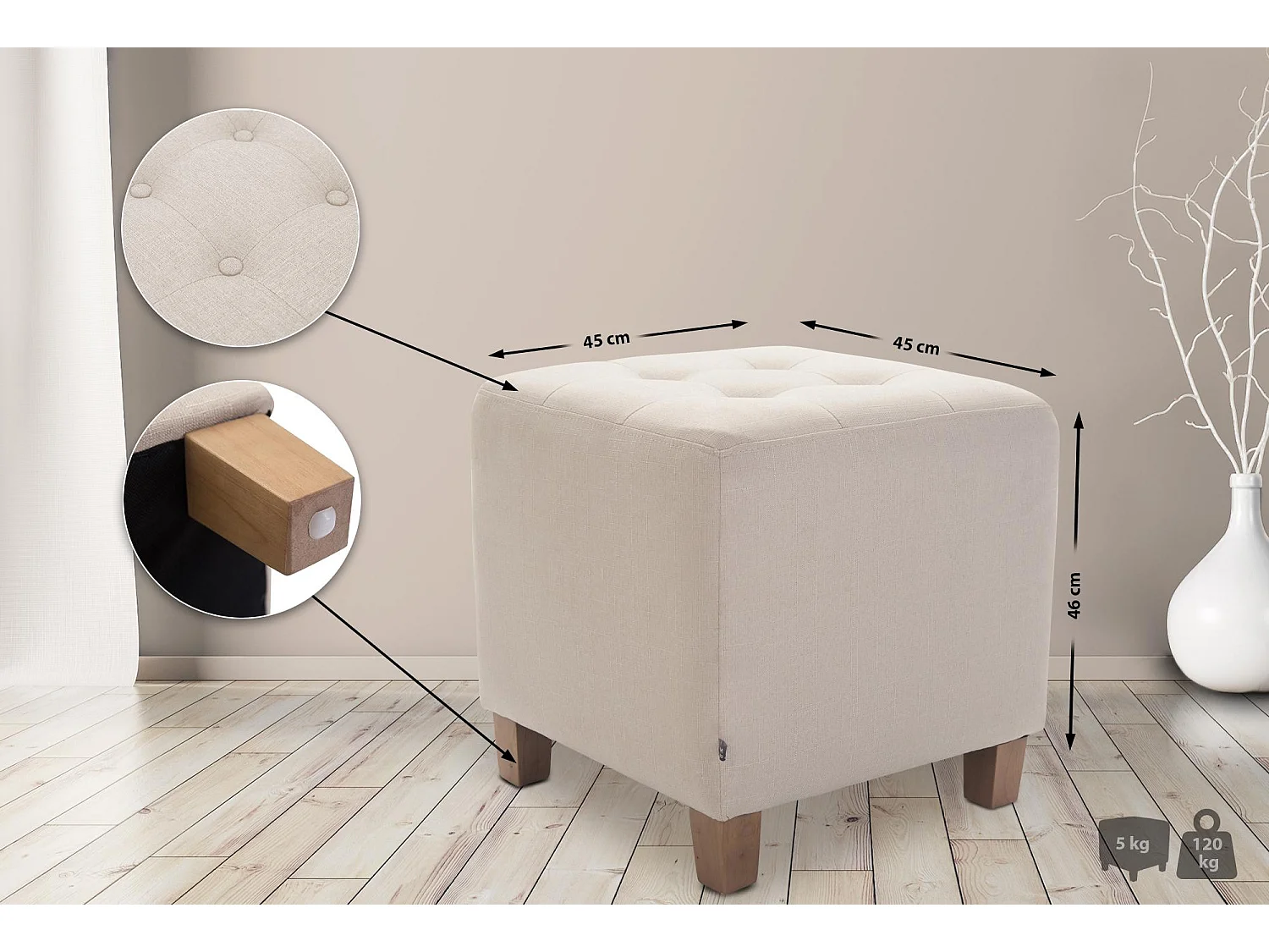 Tabouret - Tissu & Bois - Crème - Pharao