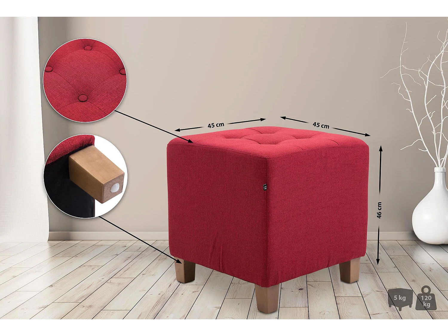 Tabouret - Tissu & Bois - Rouge - Pharao