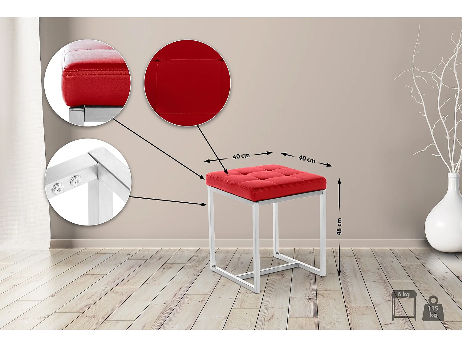Tabouret - Similicuir & Acier inoxydable - Rouge - Barci