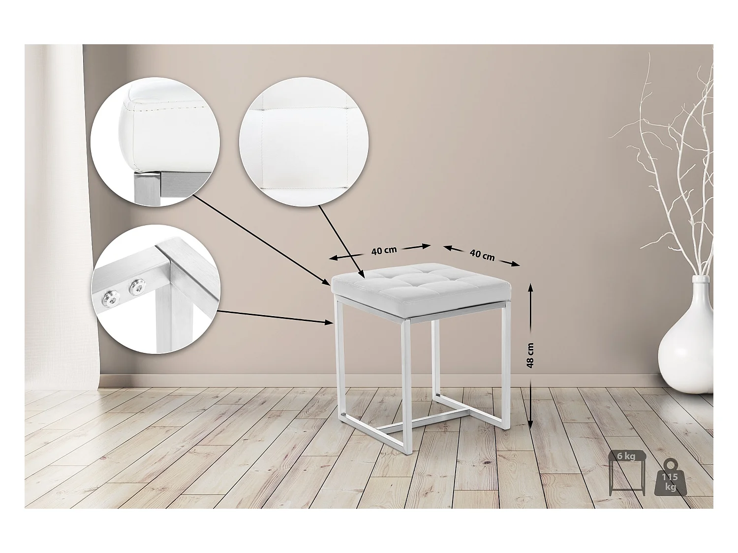 Sitzhocker - Kunstleder & Edelstahl - weiß - Barci