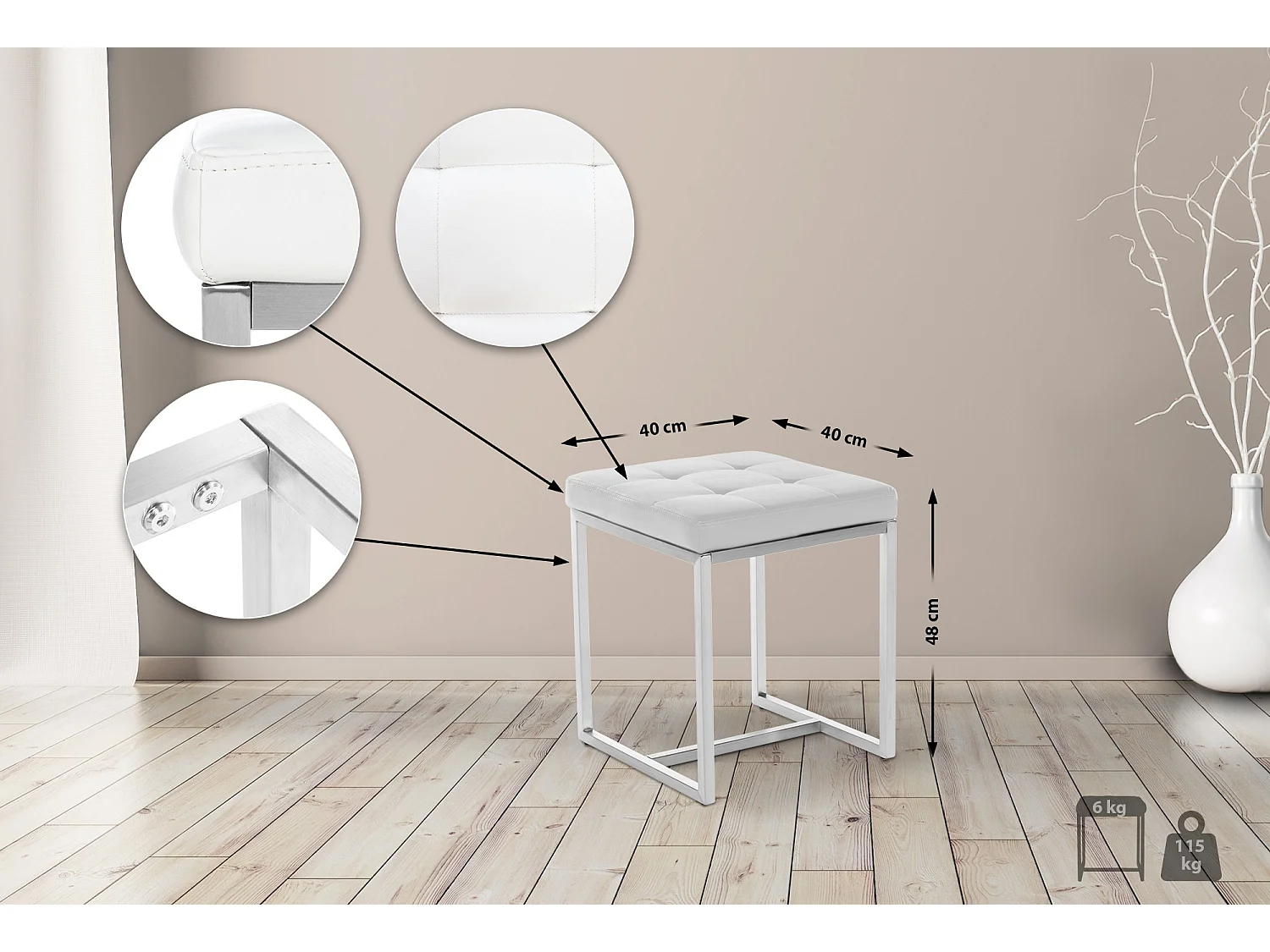 Tabouret - Similicuir & Acier inoxydable - Blanc - Barci