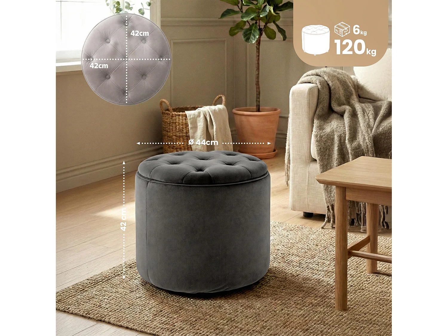 Tabouret - Velours & Nature - Gris - Pantin