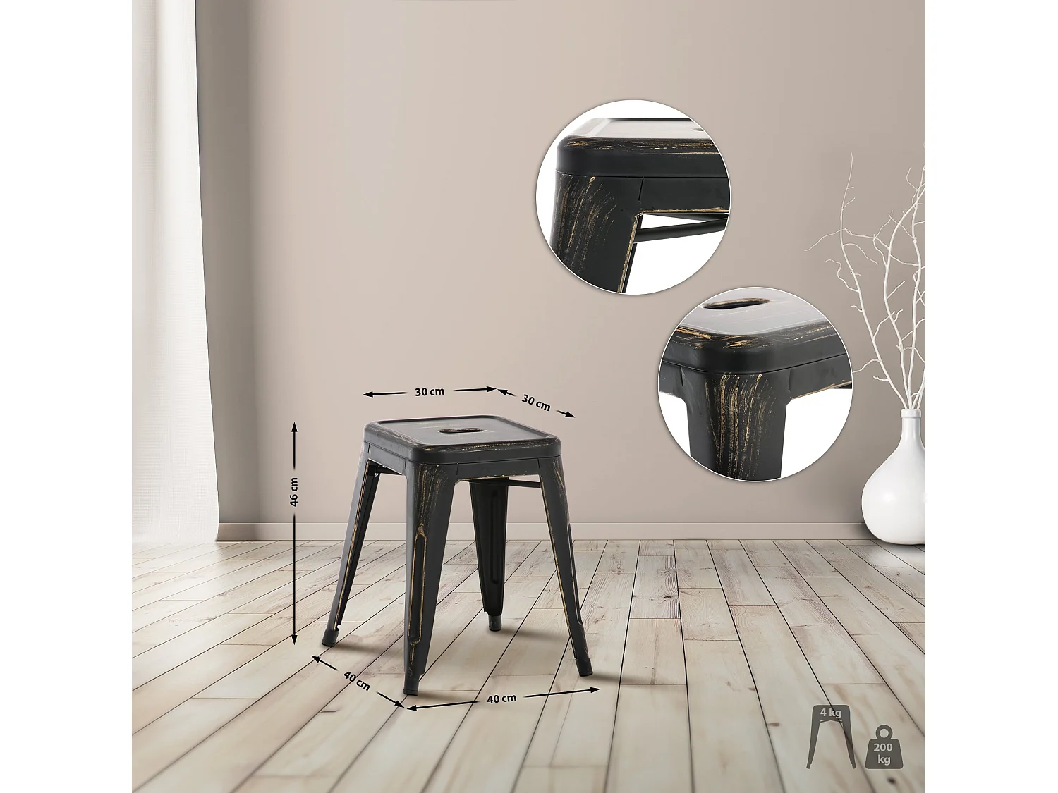 Tabouret - Métal & Acier inoxydable - Noir-Or - Armin
