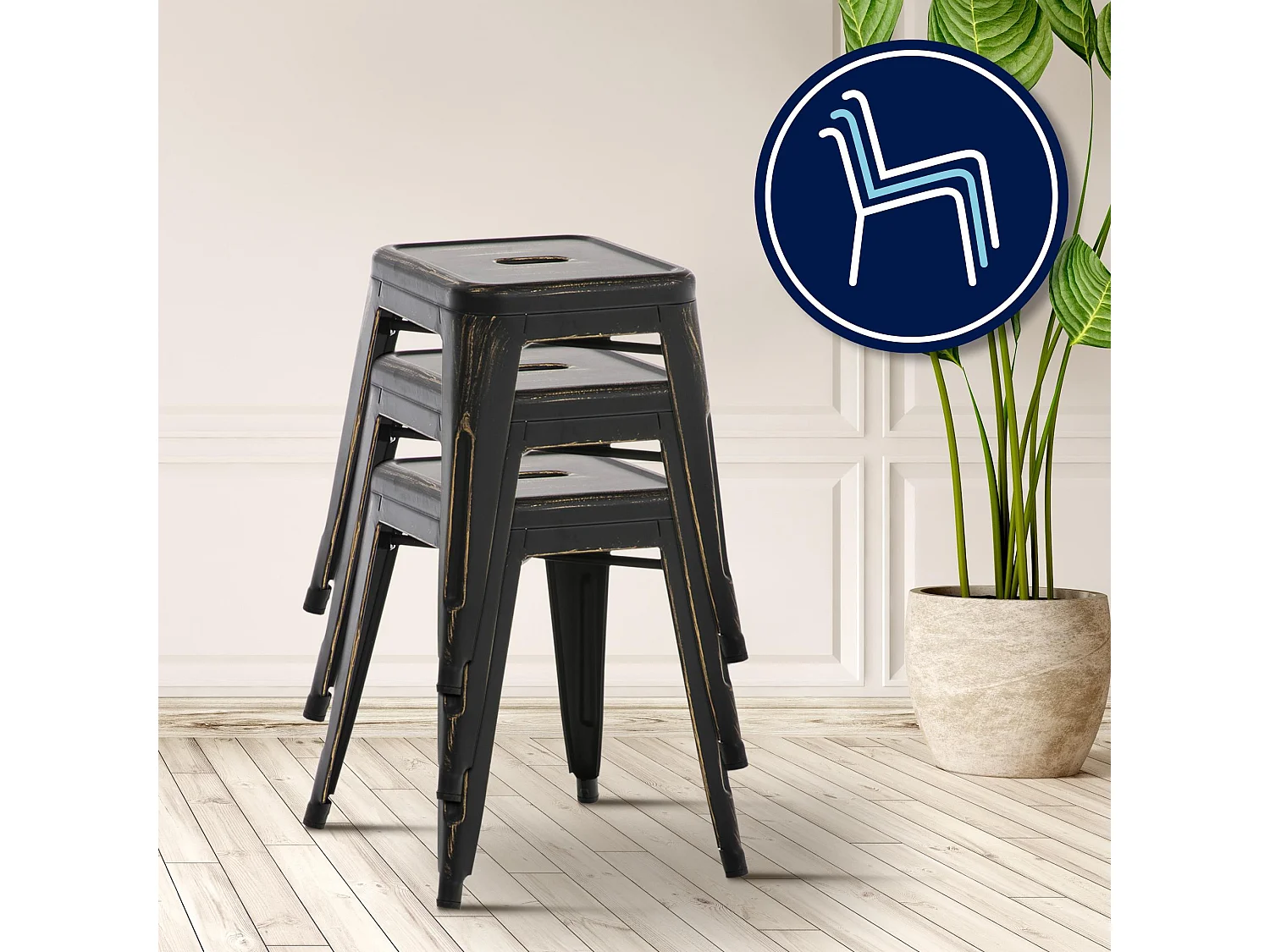 Tabouret - Métal & Acier inoxydable - Noir-Or - Armin
