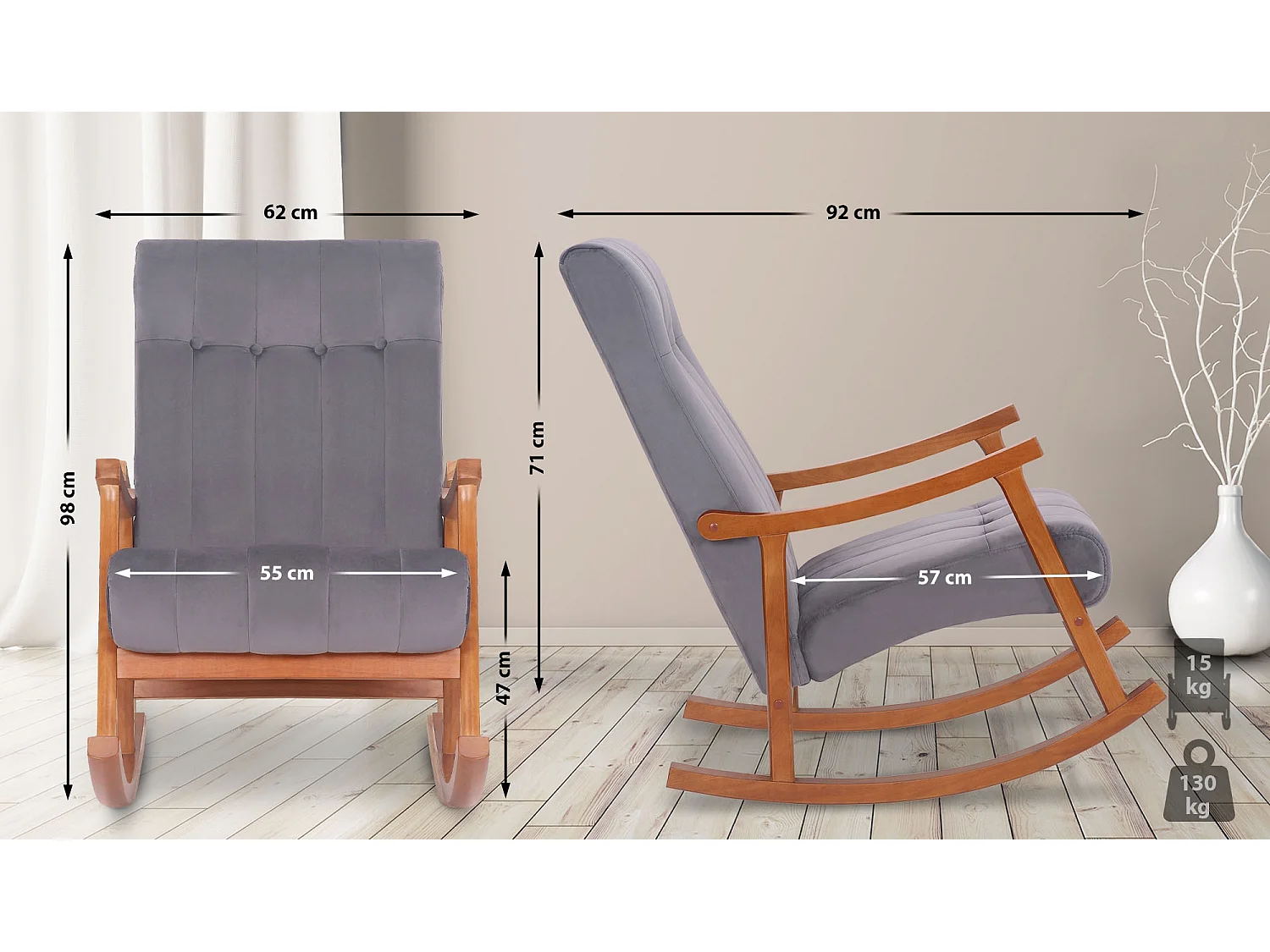 Fauteuil à bascule - Velours - Noyer / Gris - Saltillo