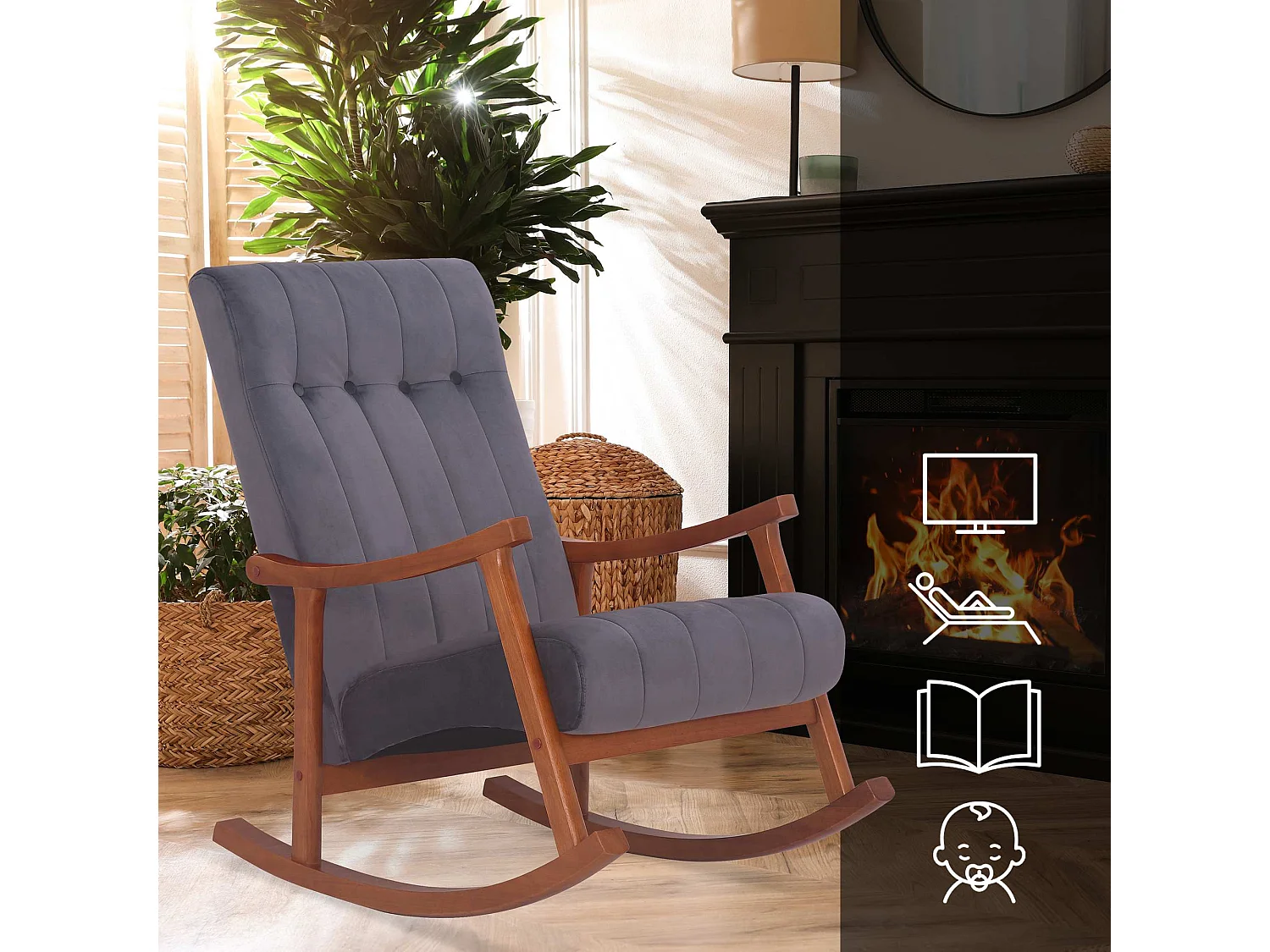 Fauteuil à bascule - Velours - Noyer / Gris - Saltillo