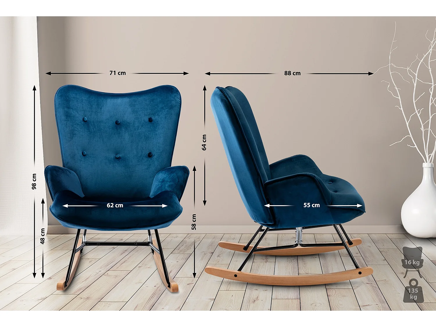 Chaise à bascule - Velours & Métal - Bleu - Sanka