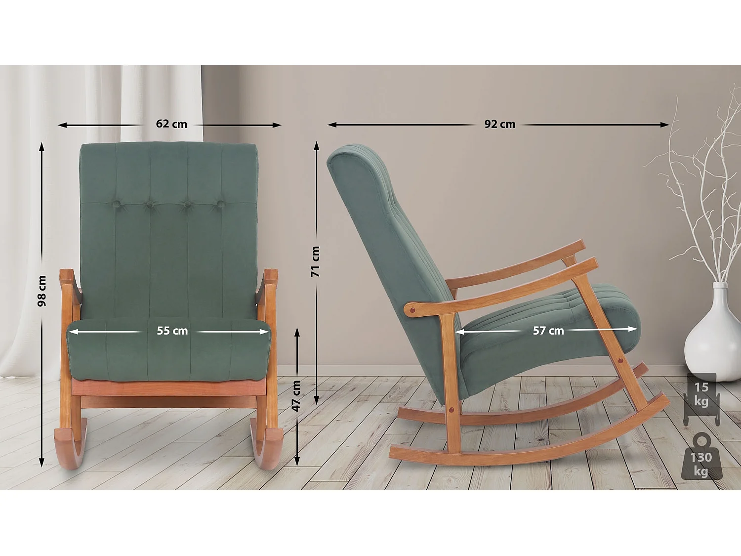 Fauteuil à bascule - Velours - Noyer / Vert - Saltillo