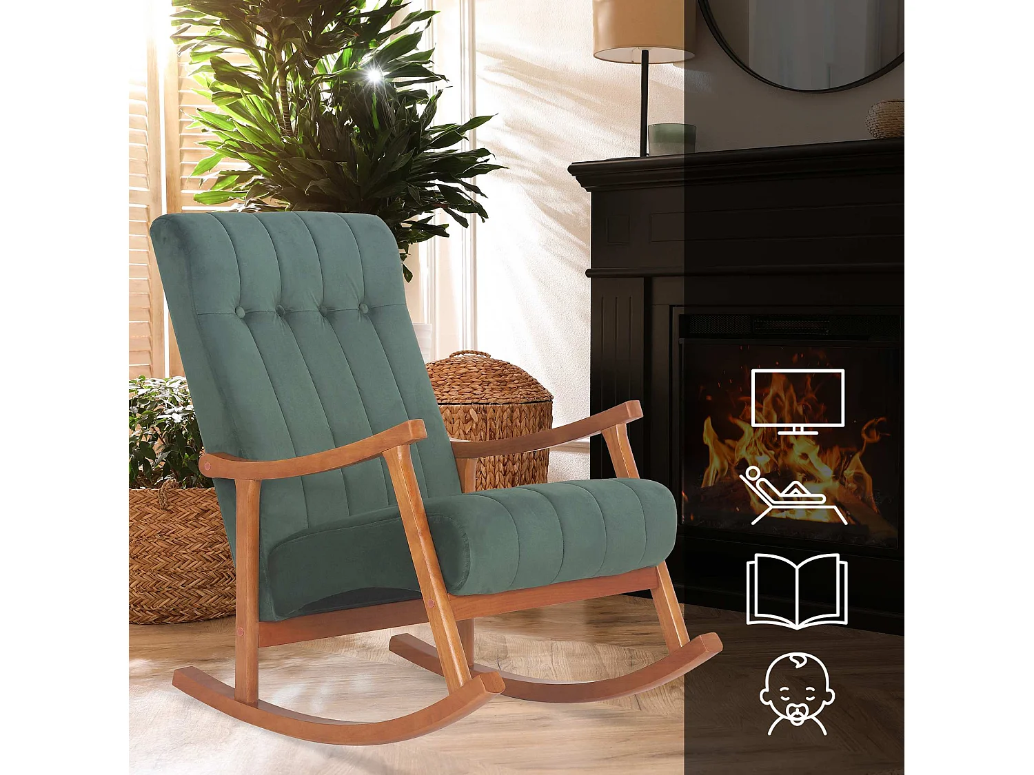 Fauteuil à bascule - Velours - Noyer / Vert - Saltillo