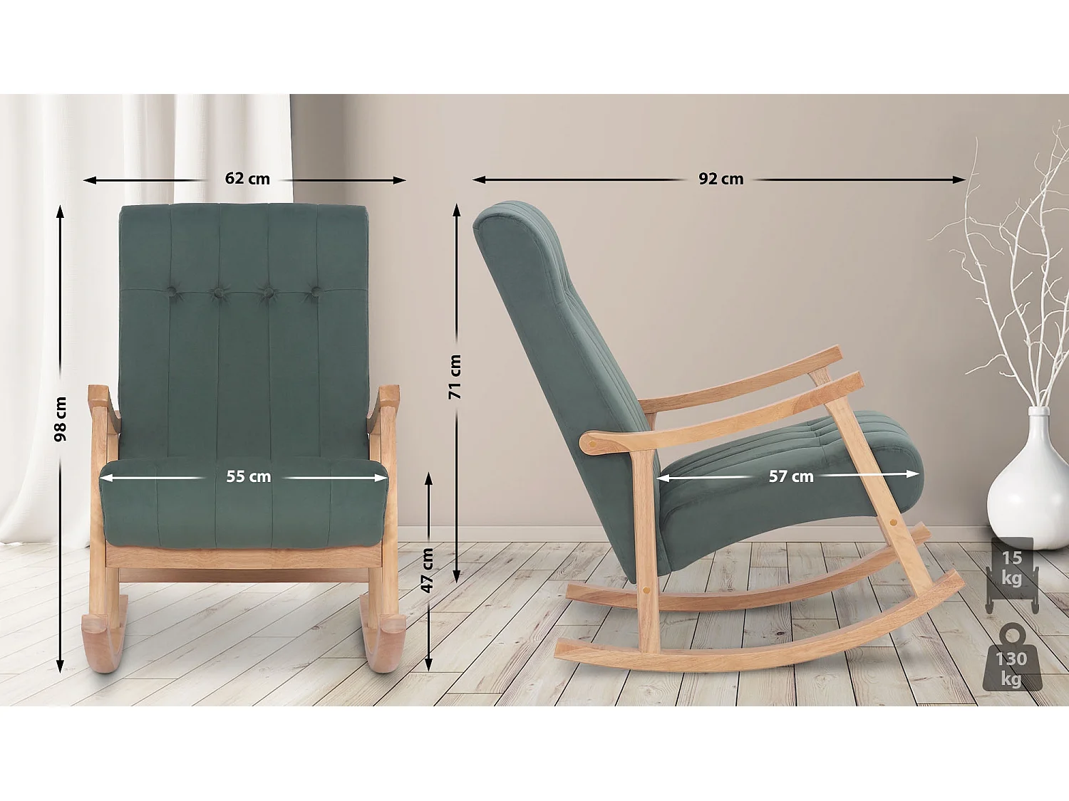 Fauteuil à bascule - Velours - Nature / Vert - Saltillo