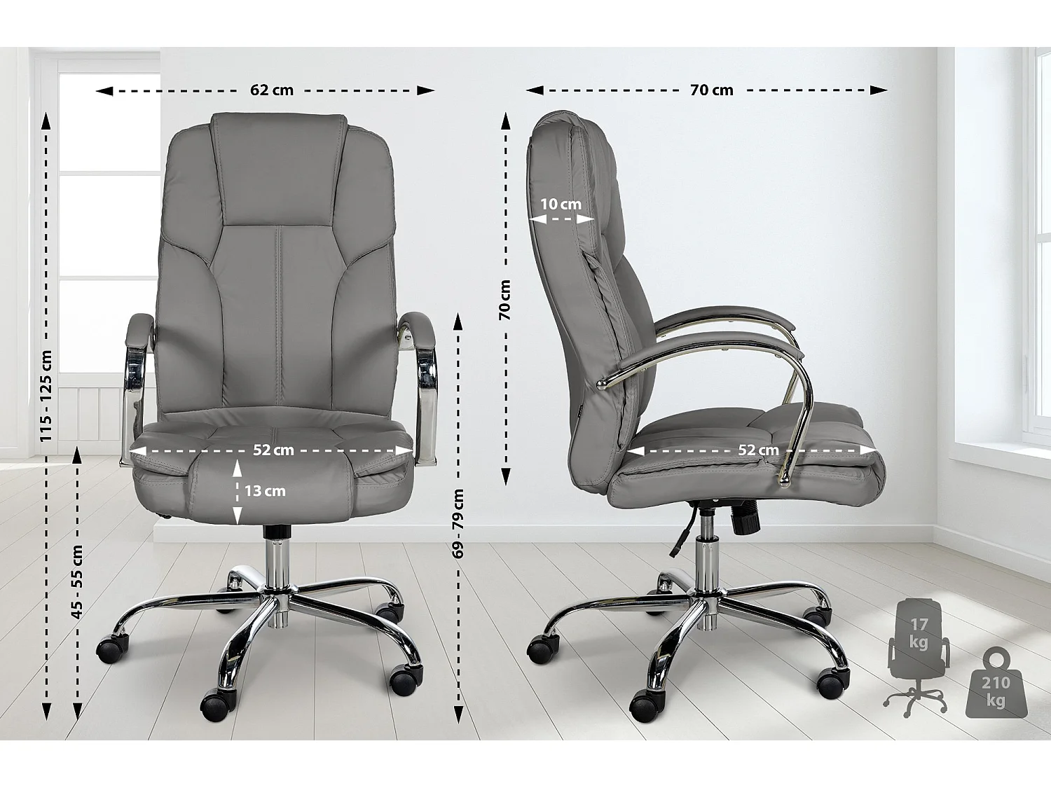 Chaise de bureau - Similicuir & Acier inoxydable - Gris - XXL Xanthos