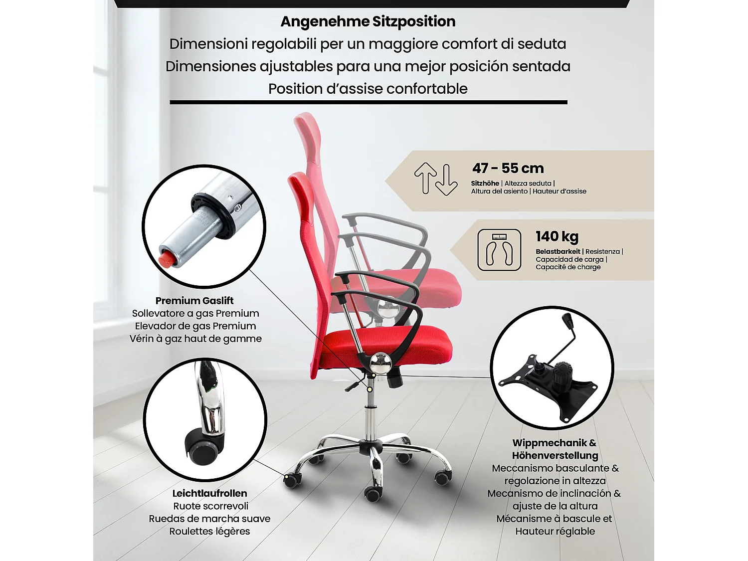 Chaise de bureau - Similicuir & Métal chromé - Rouge - Washington