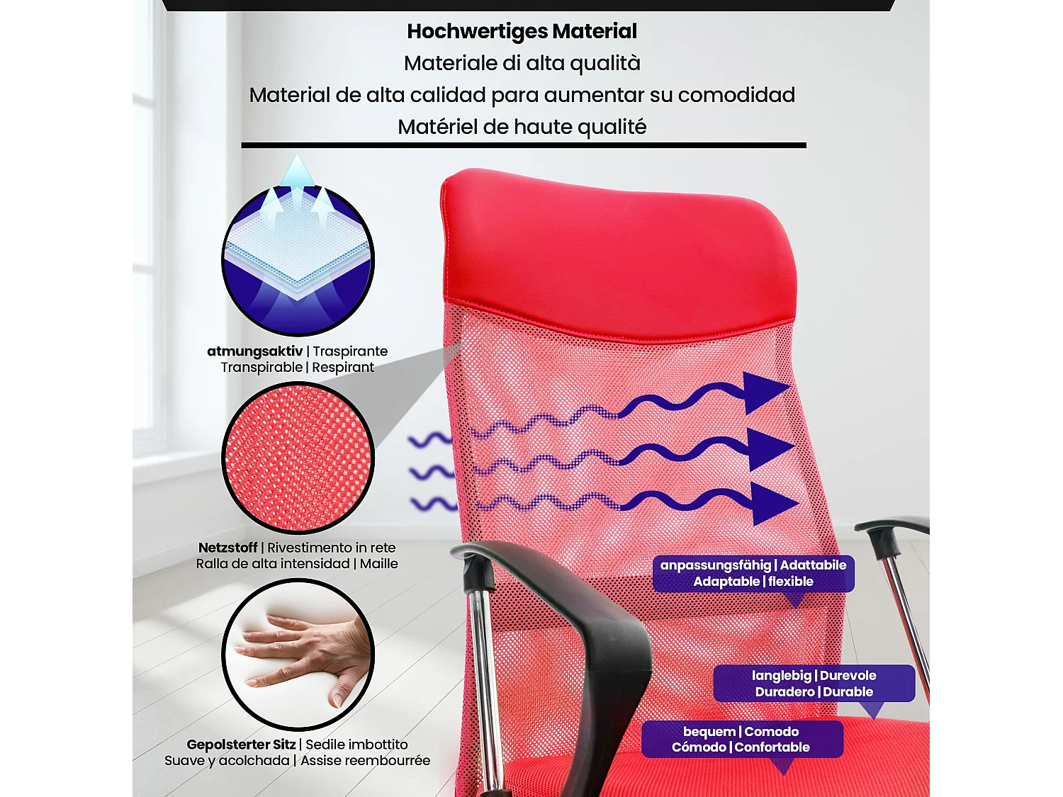 Chaise de bureau - Similicuir & Métal chromé - Rouge - Washington