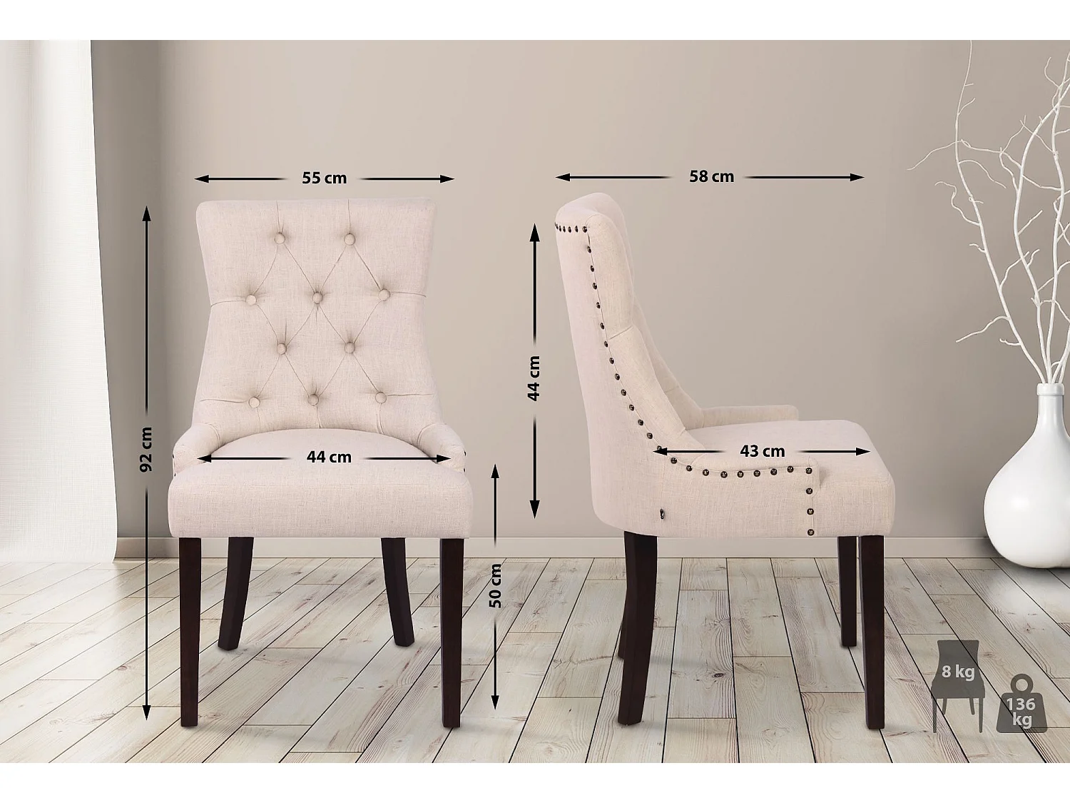 Lot de 2  chaise salle à manger - Tissu & Antique - Crème - Aberdeen