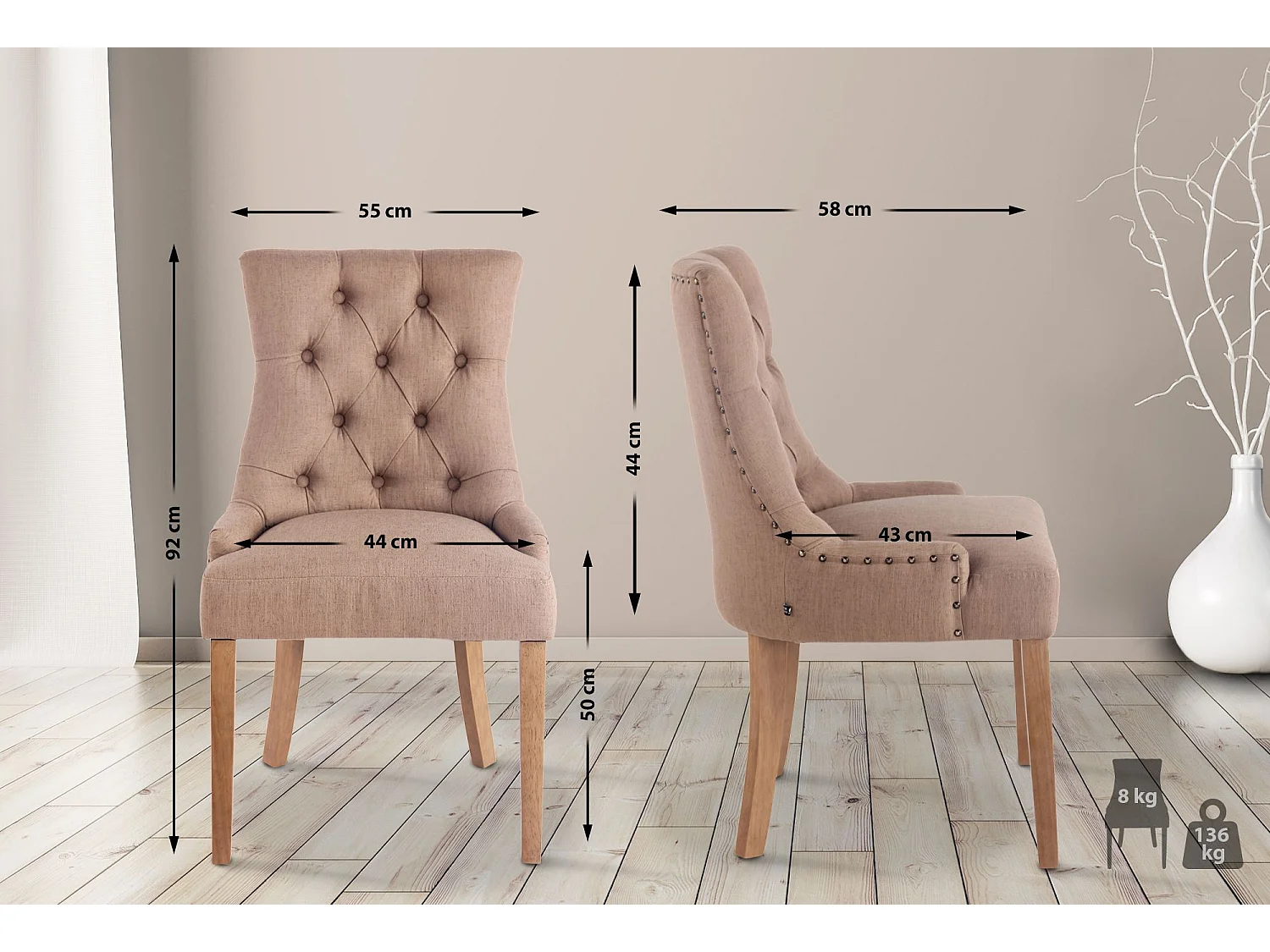 Lot de 2  chaise salle à manger - Tissu & Antique clair - Taupe - Aberdeen