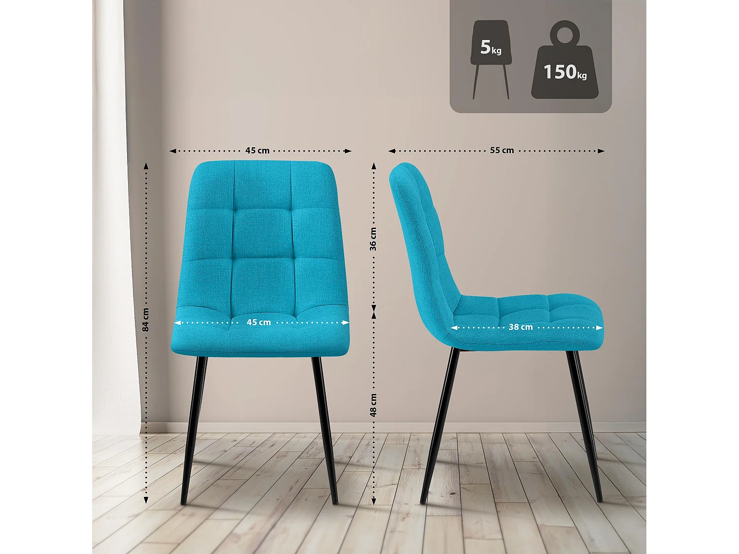 Lot de 4  chaise salle à manger - Tissu - Turquoise - Tilde