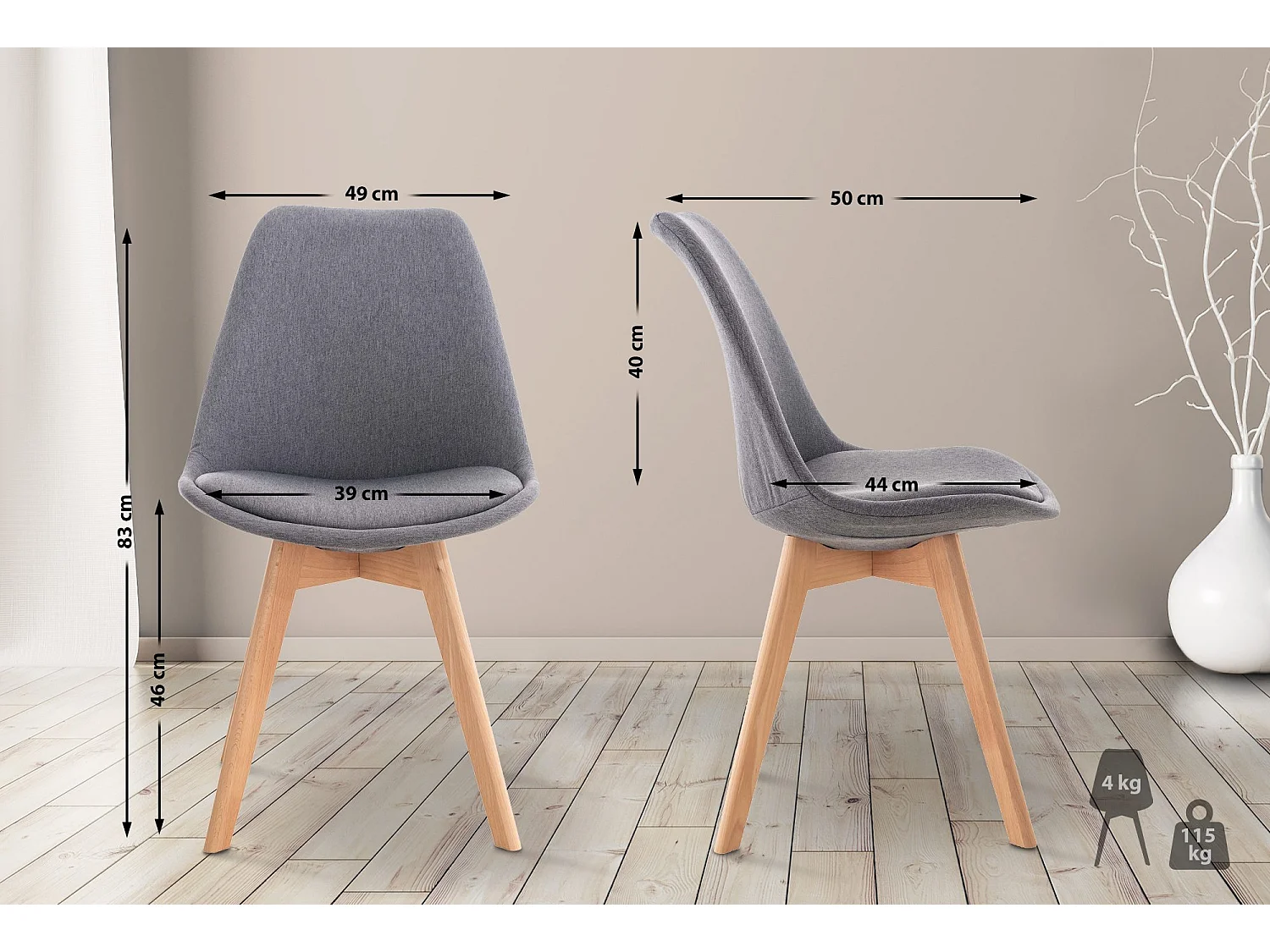 Lot de 4  chaise salle à manger - Tissu - Gris - Linares